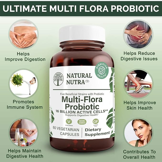 Natural Nutra Ultimate Flora Probiotic for Women and Men Helps Improves Digestion Contributes to Overall Health Promotes Immune System Multi-Strain with Lactobacillus Acidophilus 60 Capsules