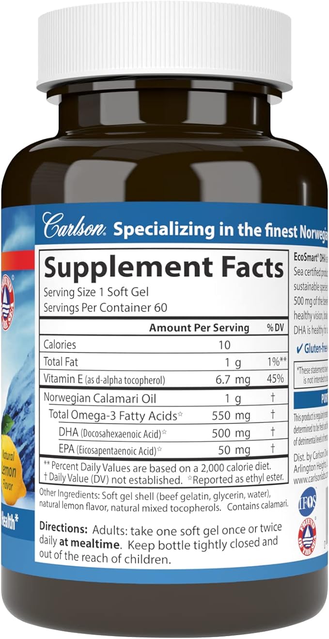 Carlson - EcoSmart DHA 500 Sustainable Source Supports Healthy Vision &amp Brain Function Lemon 60 soft gels