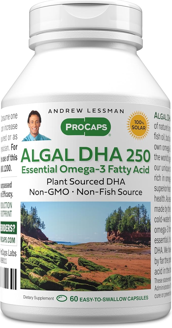 ANDREW LESSMAN Algal DHA 250mg 60 Softgels - Plant-Based Omega-3 Oils Natural Marine Algae High DHA Non-GMO High Potency No Stomach Upset No Fishy Aftertaste. Small Easy to Swallow