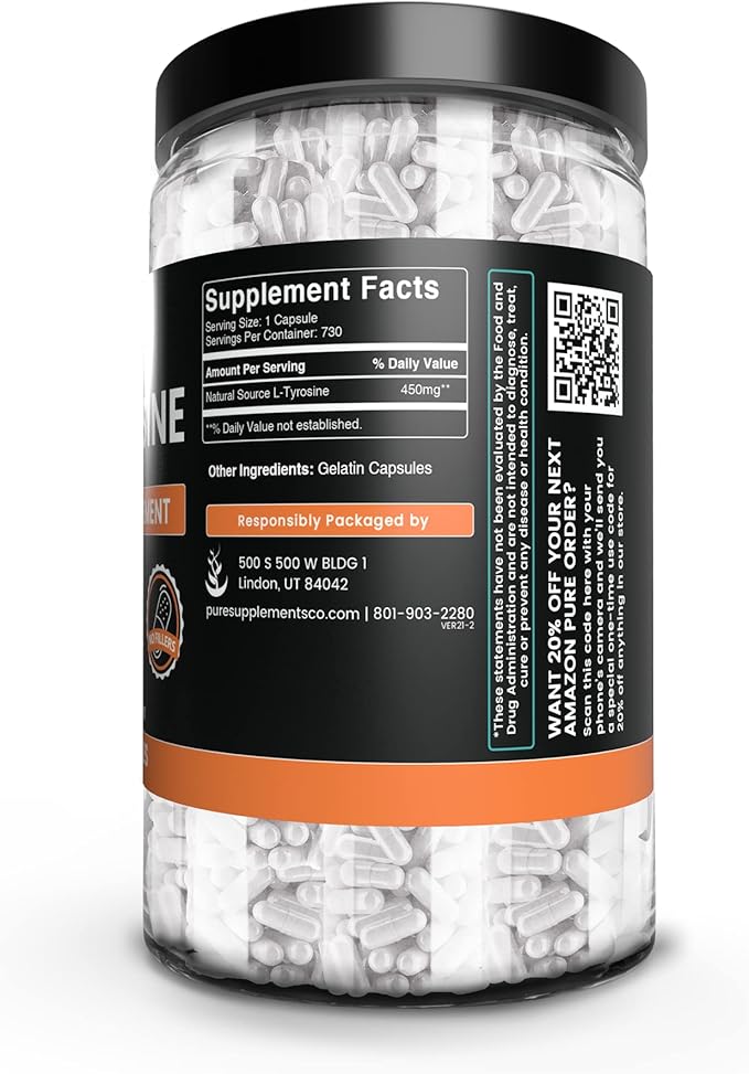 PURE ORIGINAL INGREDIENTS L-Tyrosine (730 Capsules) No Magnesium Or Rice Fillers Always Pure Lab Verified