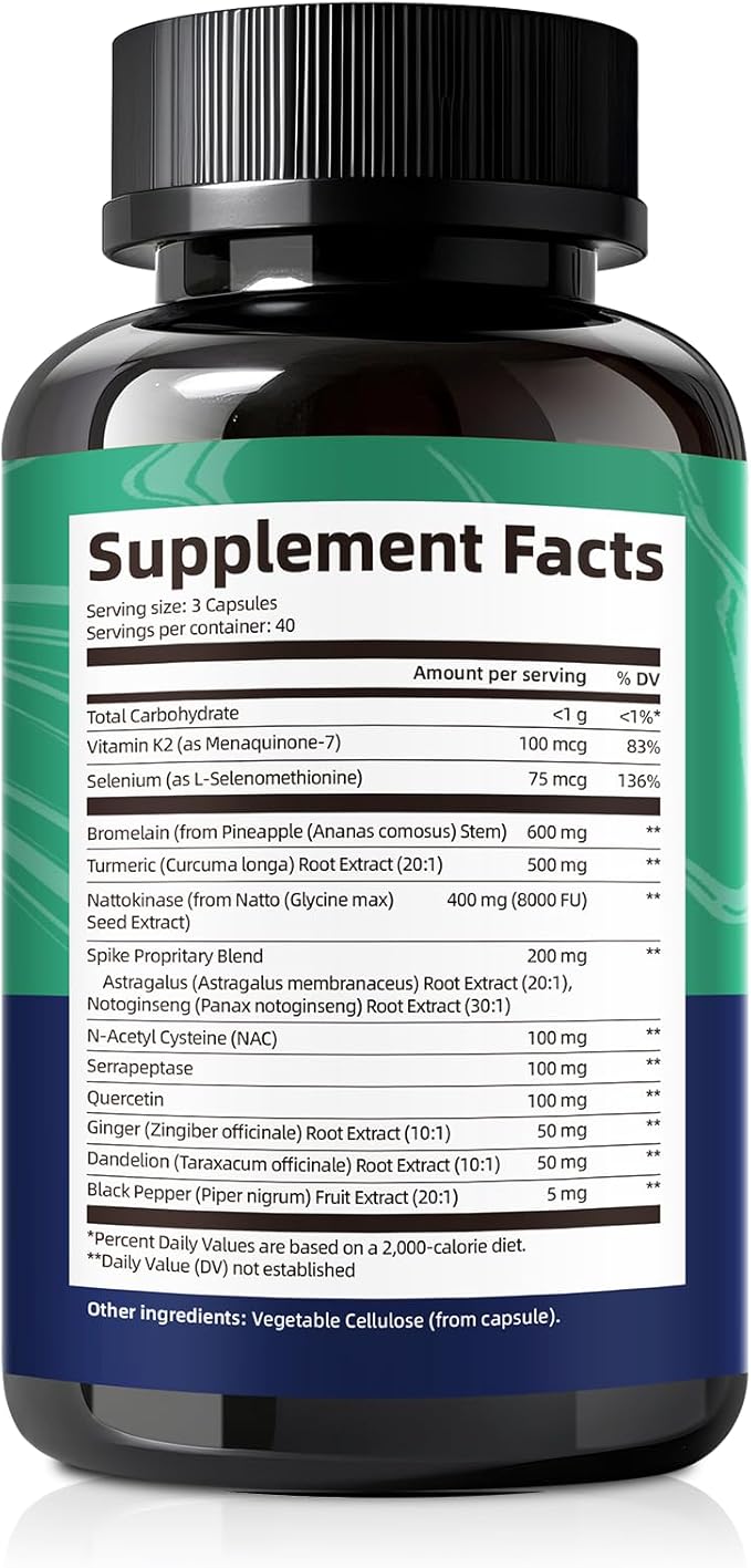 Spike Protein Cleanse Capsules Nattokinase Supplement 8000FU with Bromelain 600mg Curcumin &amp Quercetin etc. 13-in-1 Immune Support Supplement for Daily Health Vegan Non-GMO 120 Capsules