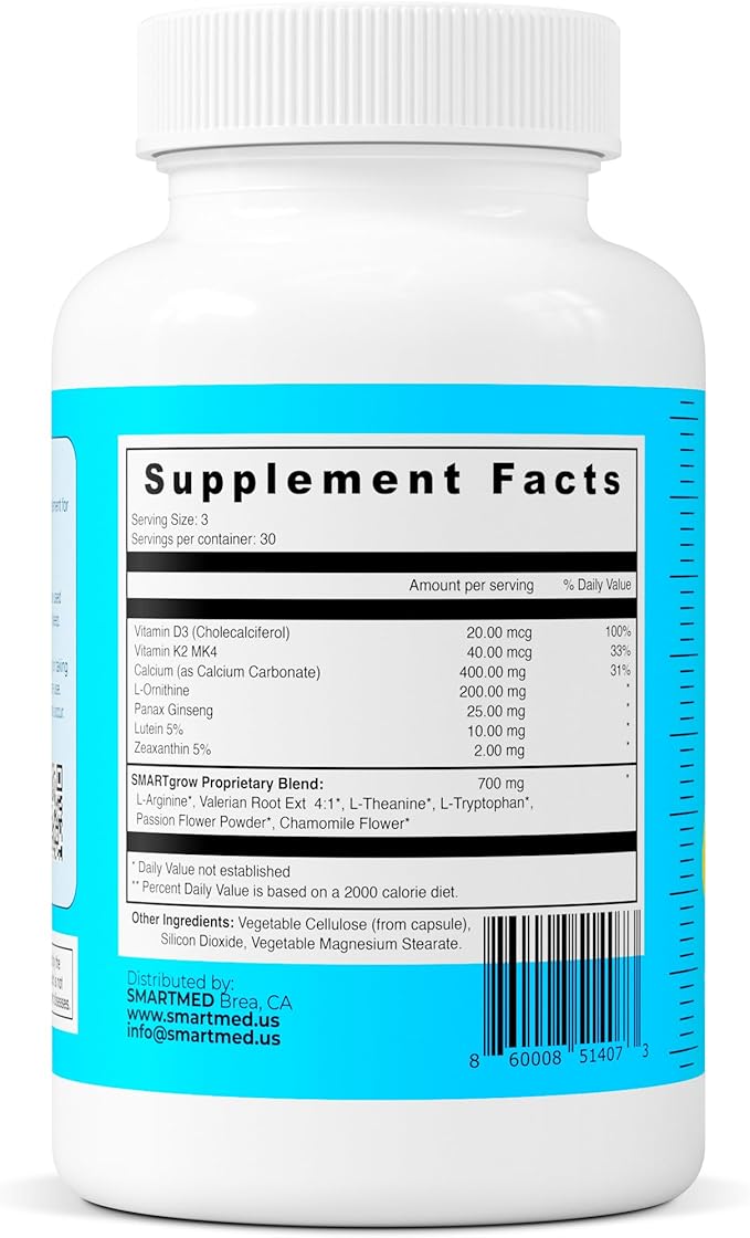 SmartGrow Premium Growth Formula for Teens – Bone Brain Sleep &amp Eye Support – Calcium Vitamin D3 Amino Acids + Herbal Blend – Daily Wellness Supplement (90 Capsules)