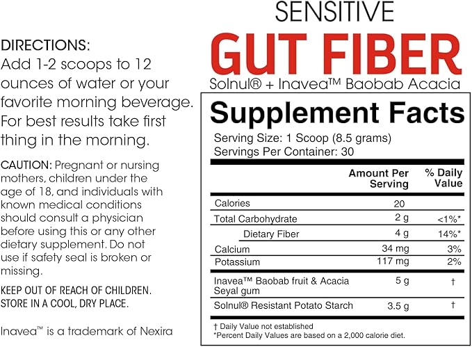 Sensitive Gut Fiber Supplement - Each Tub = 30 Scoops = 30 Day Supply - 6 Grams of Dietary Fiber Per Serving - with Galactomannan Guar Fiber Baobab Fruit Powder (1 Tub)