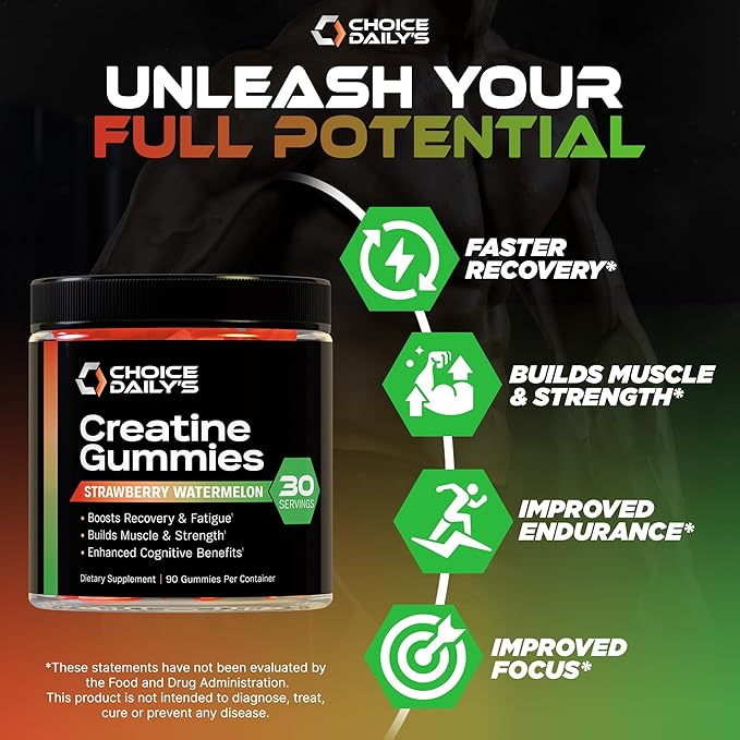 Creatine Gummies - 90 Vegan Friendly Chews - USA Made - Boosts Recovery - Builds Muscle - Enhanced Cognitive Benefits (Large Strawberry Watermelon)