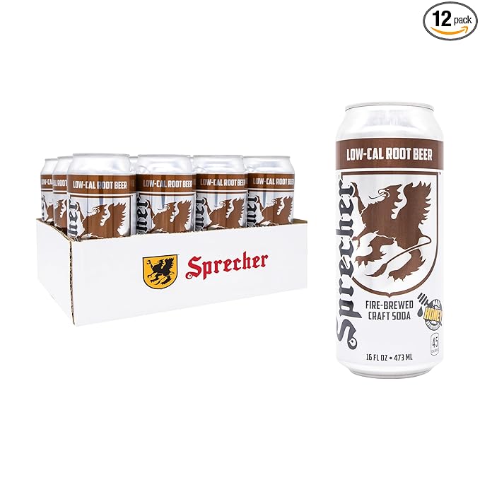 Sprecher Low Cal Root Beer Soda 16 fl oz Cans (12 Pack) Fire-Brewed Reduced Calorie Craft Soda with Real Honey Caffeine-Free Gluten Free Kosher Gourmet Soft Drink