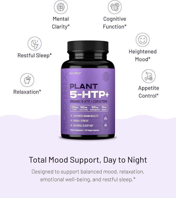 Nootrix Organic Plant 5 HTP+ Supplement | Supports Memory Mental Focus Cognitive Health &amp Energy | Promotes Healthy Mood &amp Brain Function | Vitamin B6 &amp L Theanine |60 Capsules