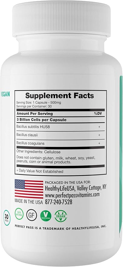 PERFECT PASS Probiotic Natural Bacillus Spore Human Strains with 100% Survival Rate Through Stomach Acid and Bile for Gut and Digestive Wellness Vegetarian 30 Capsules