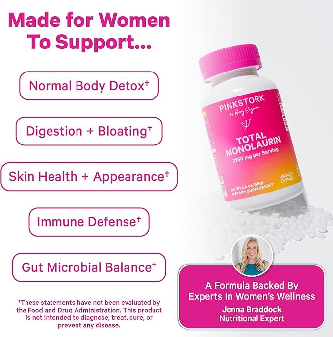Pink Stork Monolaurin Pellets – Vegan Lauric Acid Immune &amp Gut Support for Women – Microbial Balance Digestive Wellness – Odorless Scoopable Monolaurin Supplement – 226g – 75 Servings