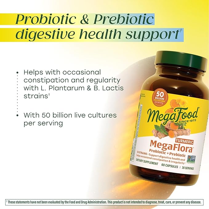 MegaFood MegaFlora Probiotics + Prebiotics Turmeric Supplement - Prebiotics and Probiotics for Women and Men Digestive Health 50 Billion CFUs 14 Strains - 90 Capsules (45 Servings)