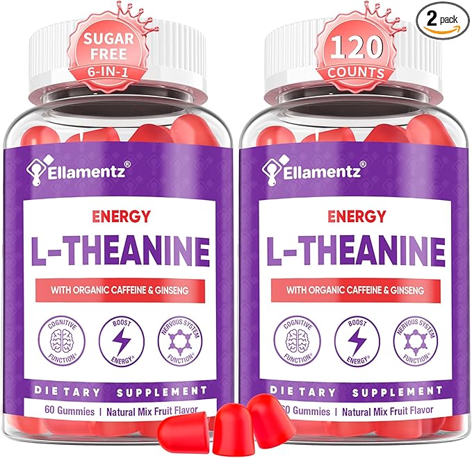 Vegan L-Theanine Gummies 200mg with Caffeine(100mg) Korean Red Ginseng &amp Ginkgo Biloba- Brain Supplement for Focus Memory &amp Energy Sugar-Free No Jitters 120 Counts