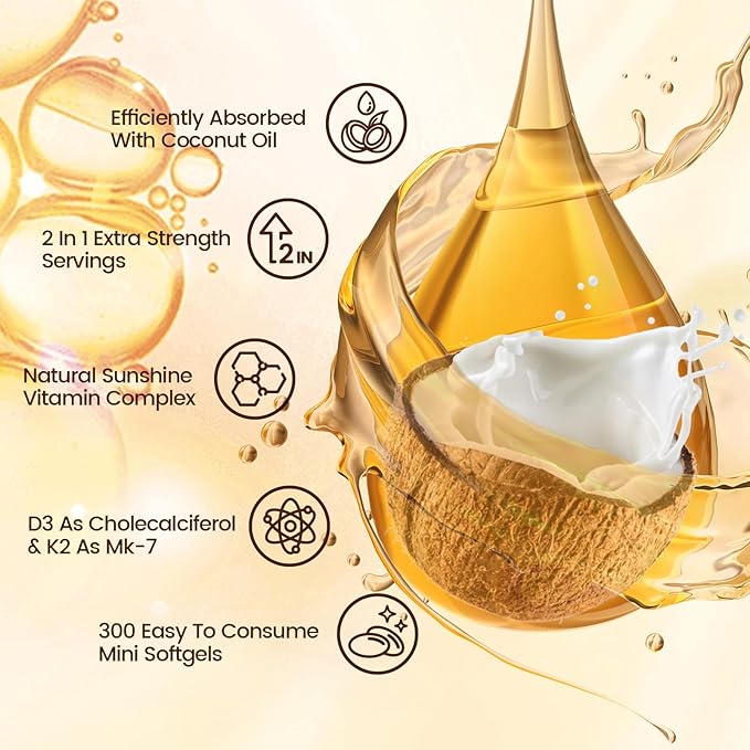 VivoNu Vitamin D3 K2 10000 IU with MK7-300 Virgin Coconut Oil Softgels 2 in 1 Vitamins D &amp K Complex | Vitamina D3 con K2 ((2Bag))