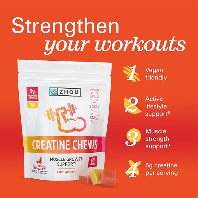 ZHOU Nutrition Creatine Monohydrate Chewables 5g for Men &amp Women Sugar Free Organic Non GMO Pink Lemonade 60 Creatine Gummies