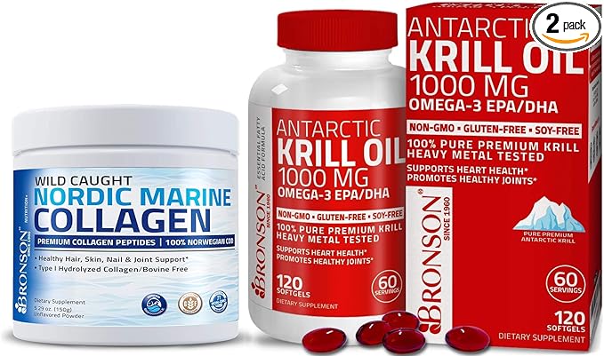 Bronson Marine Collagen Peptides Hydrolyzed Protein Powder + Antarctic Krill Oil 1000 mg with Omega-3s EPA DHA