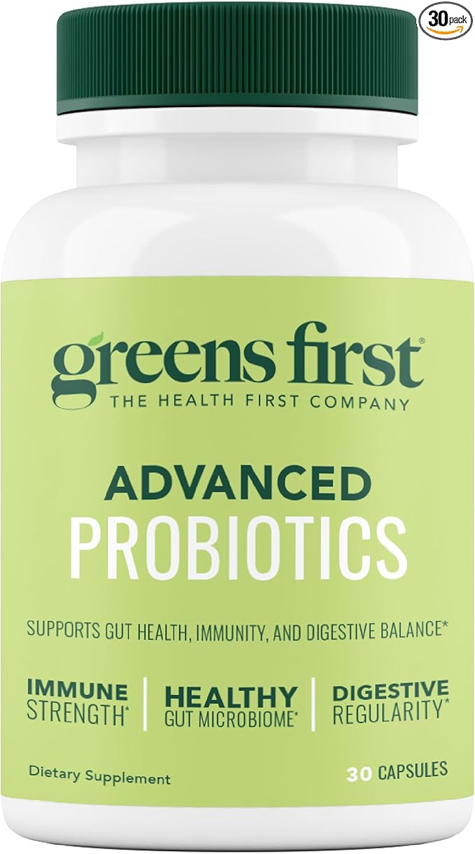 Greens First Probiotics - 20 Billion CFU of Beneficial Bacteria - FOS Soluble Fiber - Supports Gut Digestive Health and Skin Appearance - 30 Servings/Capsules