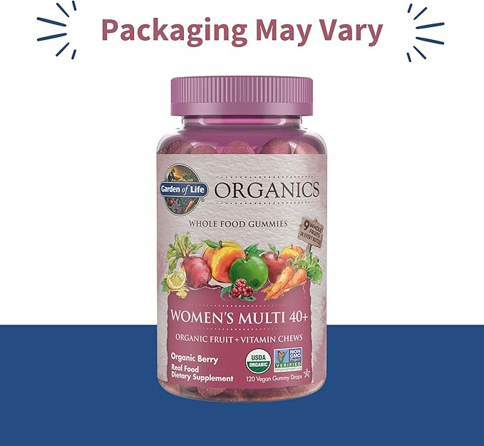 Garden of Life Organics Women 40+ Gummy Vitamins - Berry - Certified Organic Non-GMO Vegan Kosher Complete Multi - Methyl B12 C &amp D3 - Gluten Soy &amp Dairy Free 120 Real Fruit Gummies