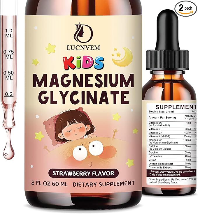 (2 Pack) Magnesium Glycinate Liquid Drops for Kids 4+ Magnesium Glycinate 100/200 mg for Sleep Relaxation and Calm Support 11 in 1 Natural Gentle Sleep Aid for Kids Sugar Free Strawberry Flavor