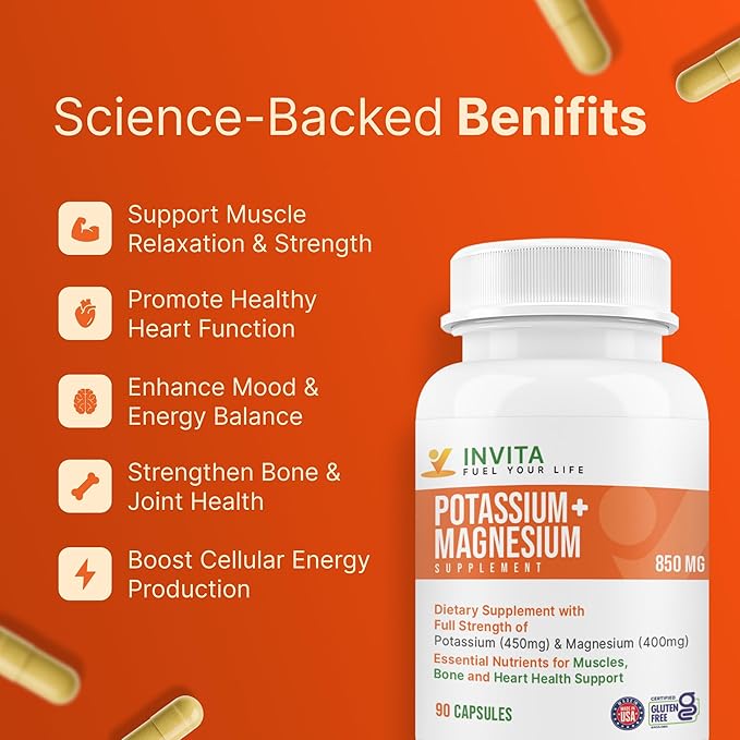 Invita Potassium Magnesium Supplement (90 Capsules) High Absorption Potassium Magnesium Complex with Aspartate &amp Chloride - Supports Cardiovascular Muscles &amp Nerve Health - Non GMO &amp Glut