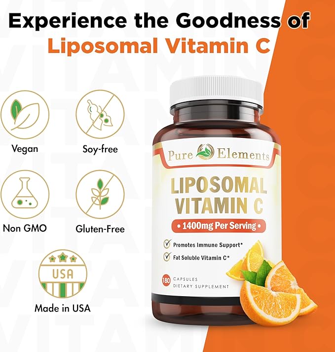Pure O Elements Vitamin C Liposomal Supplement Capsules 180 Count – High Absorption Ascorbic Acid Non-GMO Soy Free Gluten Free - Pure Vitamin C