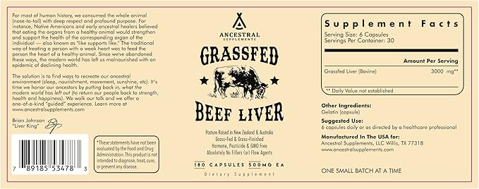 Ancestral Supplements Grass Fed Beef Liver Capsules Supports Energy Production Cleansing Digestion Immunity and Body Wellness Non GMO Freeze Dried Liver Support 180 Capsules Bottle (3 Pack)