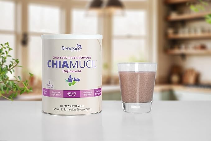 Chiamucil Prebiotic Chia Fiber Supplement Powder – For Appetite Control &amp Digestive Health – Chia Fiber &amp Chicory Root (Inulin) – Gluten &amp Sugar Free Vegan Non-GMO Unflavored - 100 serv