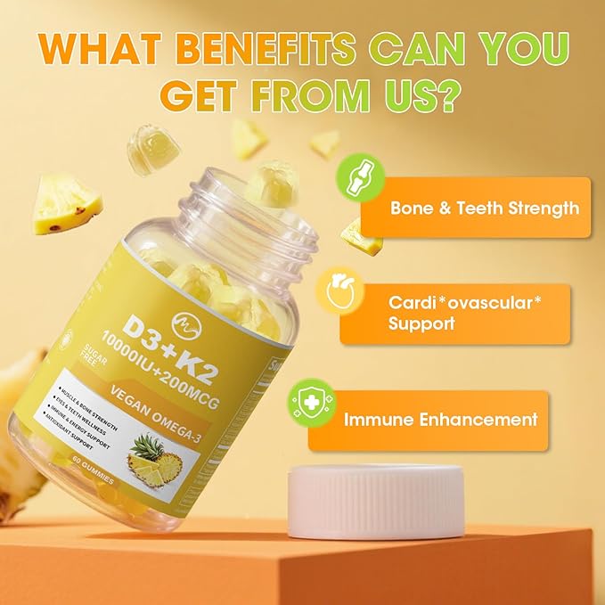 M inch Vitamin D3 K2 Gummies Vitamin D3 10000IU K2 (MK-7) 200mcg 6-in-1 Vitamina D3 con K2 Supplement with Omega-3 for Women and Men - Bones Teeth &amp Immune Support Sugar Free 2 Pack