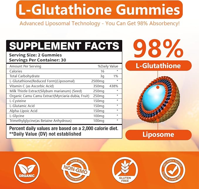 2 Packs 2500MG Liposome Glutathione Gummies Composite L-Cysteine Collocation Milk Thistle Increas 98% Absorption Rate Antioxidant Anti-Aginga
