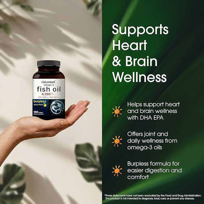 NatureBell Omega-3 Fish Oil - 180 Softgels - Support for Joint Brain &amp Heart Health* - with EPA &amp DHA - No Burps or Fishy Aftertaste - Non-GMO &amp Mercury-Free Formula - Lemon Flavor