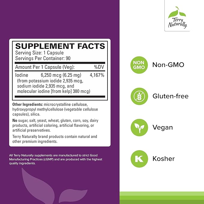 Terry Naturally Tri-Iodine - Support Thyroid Health - Aids Hormone Balance with Molecular Iodine from Kelp - Features Potassium Iodide &amp Sodium Iodide - Brain &amp Energy Support - 6.25mg 90 Cap