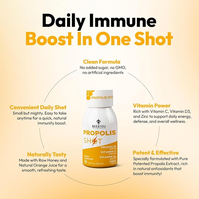 BEE and You Immune Support 100% Natural Propolis Shot Supplement Antioxidants Vitamin C VIT D3 Zinc Orange Juice Raw Honey 1.69 fl. oz x 12 Bottles