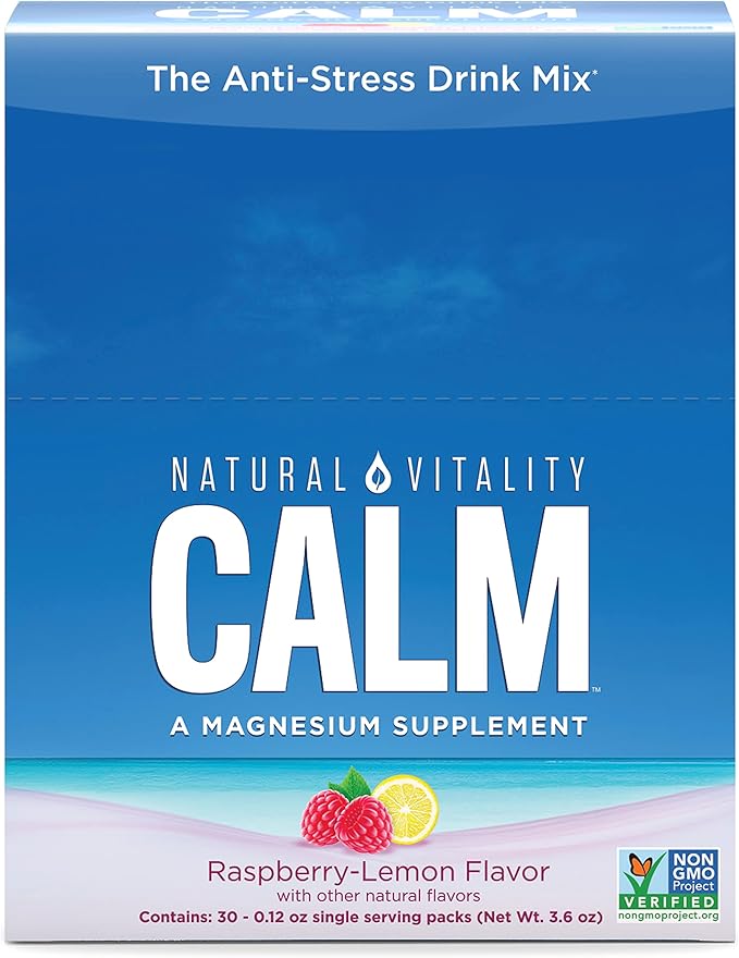 Natural Vitality Calm Magnesium Citrate Supplement Anti-Stress Drink Mix Powder Gluten Free Vegan &amp Non-GMO Raspberry Lemon 0.12 oz 30 Packets