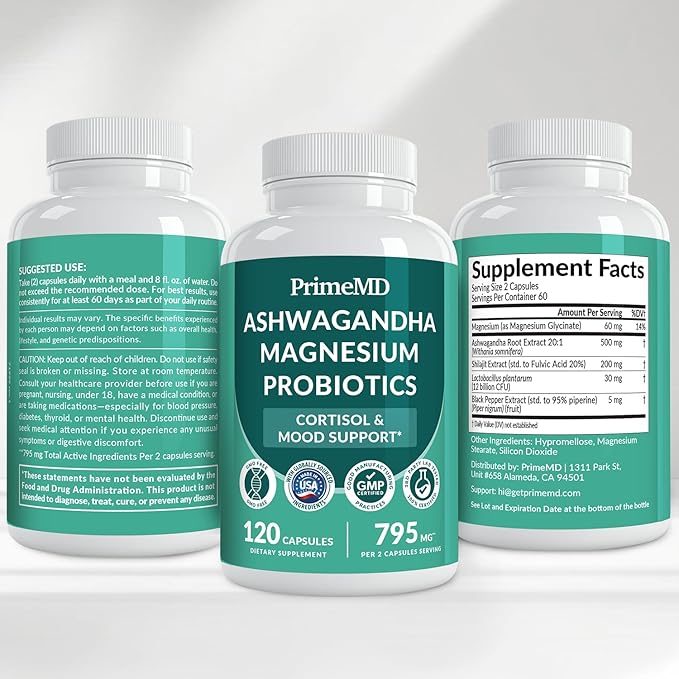 5-in-1 Cortisol Supplement for Women &amp Men - Ashwagandha Supplements with Magnesium Glycinate Shilajit &amp Probiotics - Adrenal Support Supplements for Calmness &amp Focus - Magnesium Ashwagan