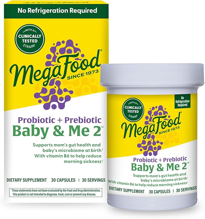 MegaFood Baby &amp Me 2 Prenatal Probiotic Vegetarian Pregnancy Prebiotics and Probiotics for Women Digestive Health &amp Immune Support with Vitamin B6 for Morning Sickness Relief 30 Capsules