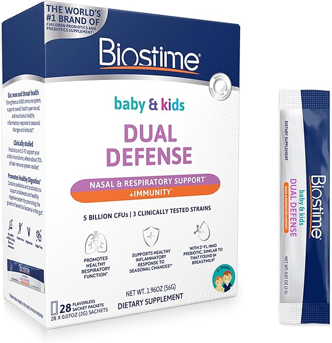 Biostime Baby &amp Kids Dual Defense – Nasal &amp Respiratory Support | Includes Probiotics for Immune Support | 5 Billion CFUs | 2’-FL HMO Prebiotic | Clinically Tested Strains | 28 Sachets