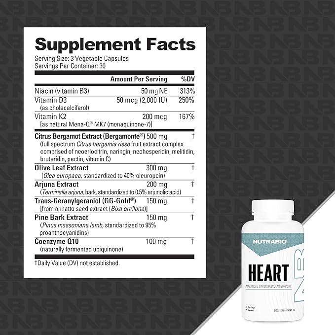 NutraBio Heart - Heart Health Supplements Cardiovascular Supplement Cholesterol Circulatory &amp Healthy Blood Pressure Support - 90 Capsules