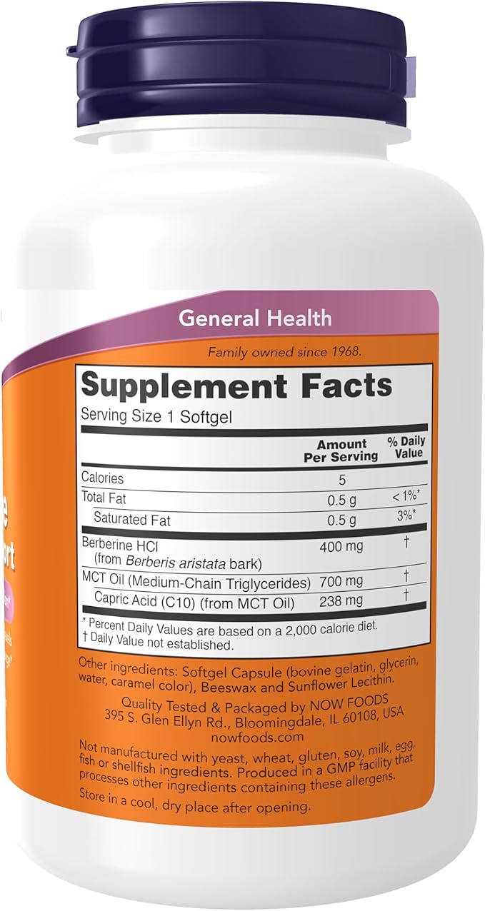 NOW Foods Supplements Berberine Glucose Support Combined with MCT Oil for Optimal Berberine Absorption 90 Softgels