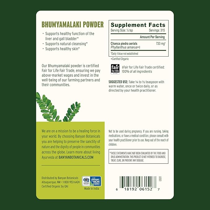 Banyan Botanicals Bhumyamalaki Powder – Organic Liver Health Supplement* – Phyllanthus spp. – for Natural Detoxification &amp Cleansing of The Liver* – 1/2 Pound – Non GMO Sustainably Sourced Vegan