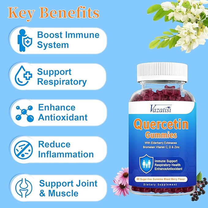 2 Pack Quercetin with Bromelain Gummies Quercetin with Vitamin C Zinc &amp Elderberry for Immune System &amp Allergy Chewable &amp Vegan Gummies Mixed Berry Flavor 120 Cts