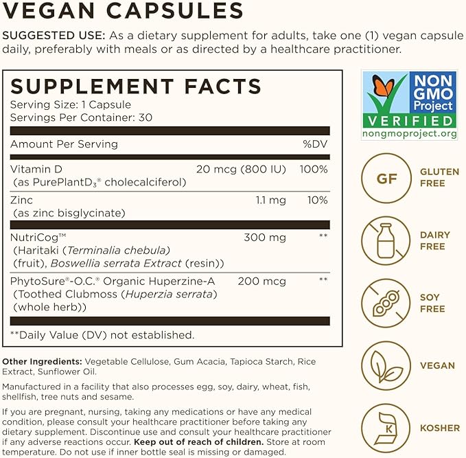 Solgar Memory Support Brain Dietary Supplement for Memory and Focus Clinically Studied Nutricog Vitamin D &amp Huperzine-A Nootropic Brain Health Supplement Healthy Aging Support 30 Servings