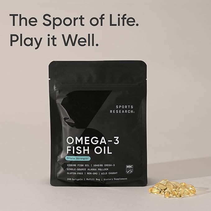 Sports Research Triple Strength Omega 3 Fish Oil - Burpless Fish Oil Supplement w/EPA &amp DHA Fatty Acids from Wild Alaskan Pollock - Heart Brain &amp Immune Support for Men &amp Women - 1250 mg