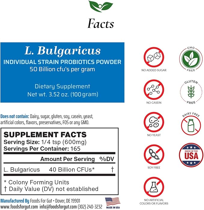 Foods For Gut Lactobacillus Bulgaricus Probiotic Powder 50 Billion cfu's | Made in USA | No Additives | Digestive &amp Immune Support | High Potency | L. Bulgaricus | 100 Gram (3.52 Oz)