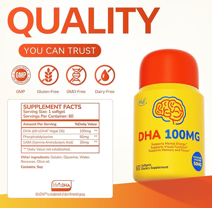 HUJ DHA 100mg - Kids DHA Supplemnent - Algal Oil - Contain DHA Phosphatidyserine &amp GABA - Supports Mental EnergyVisual FunctionMemory and Focus* - 60 Softgels