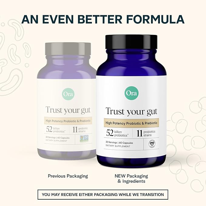 Ora Organic Probiotics with Prebiotics - 52 Billion CFU 11 Clinically Studied Strains for Digestive Health Trust Your Gut Gluten Free 60 Capsules