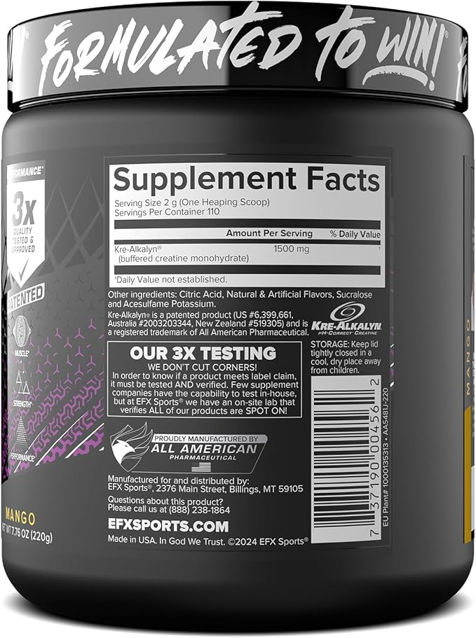 EFX Sports Kre-Alkalyn EFX Powder | pH Correct Creatine Monohydrate Powder Supplement | Strength Muscle Growth &amp Performance | 110 Servings (Mango)