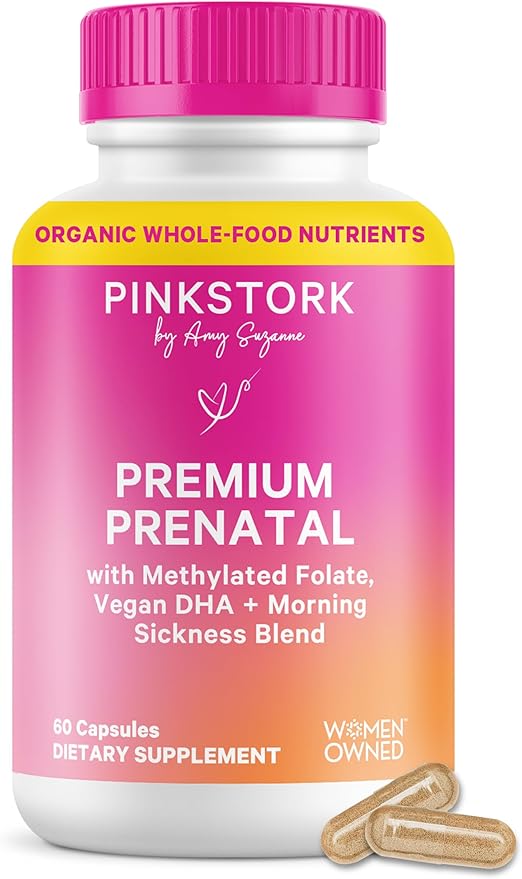 Pink Stork Premium Prenatal Vitamins for Women | Methylated Folate Choline Iron Vegan DHA | Doctor-Formulated Prenatal Vitamin | Organic Whole-Foods &amp Probiotic | Gentle on Stomach 60 Count