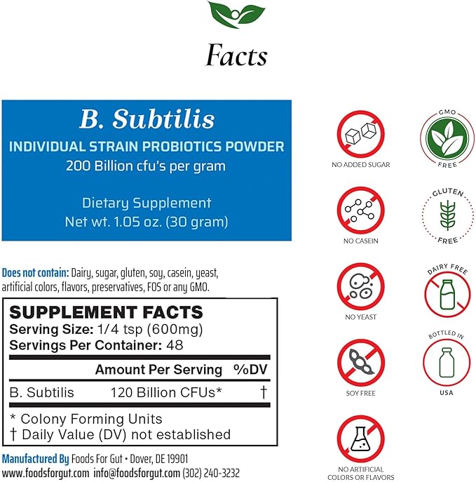 Foods For Gut Bacillus Subtilis Probiotic Powder 200 Billion cfu's | No Additives | Direct from Manufacturer | No Third-Party Storage| Digestive &amp Immune Support | B. Subtilis | 30 Gram (1.05 Oz)