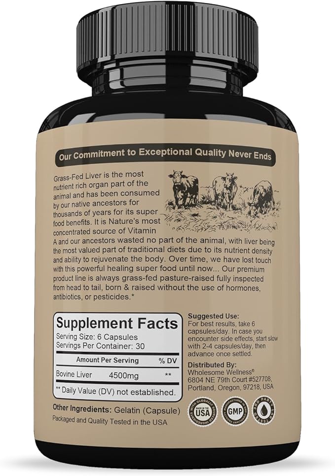 Wholesome Wellness Grass Fed Desiccated Beef Liver Capsules (180 Pills 750mg Each) - Natural Iron Vitamin A B12 for Energy - Raised Undefatted in New Zealand Without Hormones or Chemicals