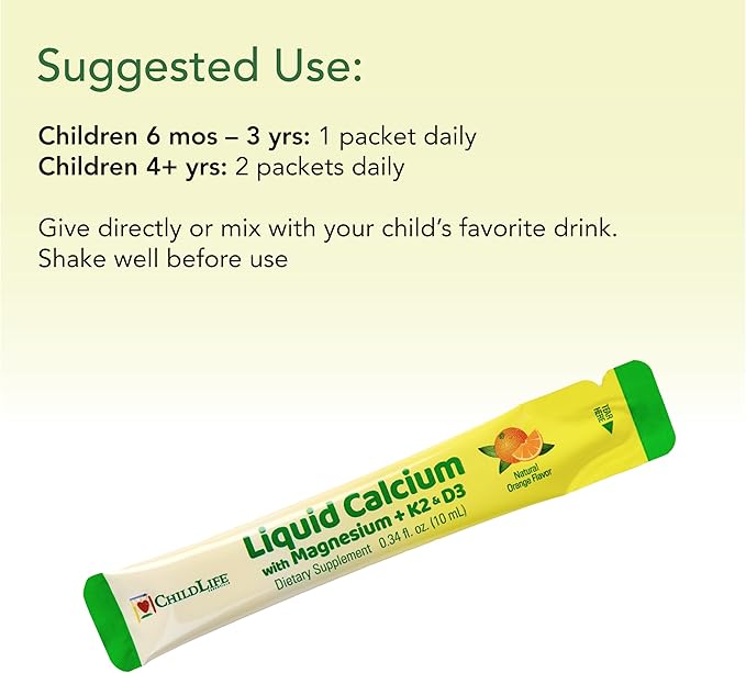ChildLife Essentials Liquid Calcium Supplement for Kids Single Serve - Baby Calcium with Magnesium Vitamin D3 &amp K2 for Bone Support On The Go Nutrition - Orange Flavor 0.34 fl oz (30 Stick Pac