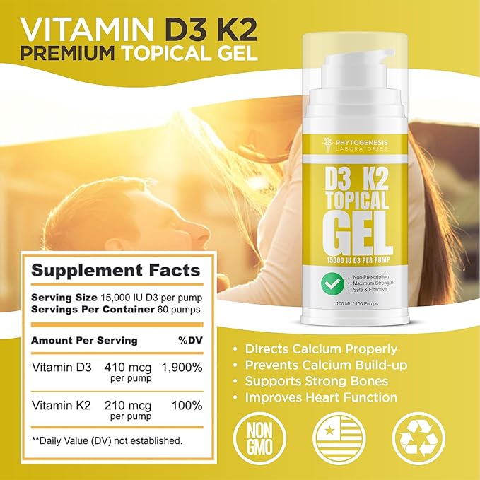 Vitamin D3 K2 Maximum Strength Topical Gel - 15000+ IU Per Pump - The Sunshine Vitamin - Supports Bone &amp Joint Health Immune Support - One Month Supply