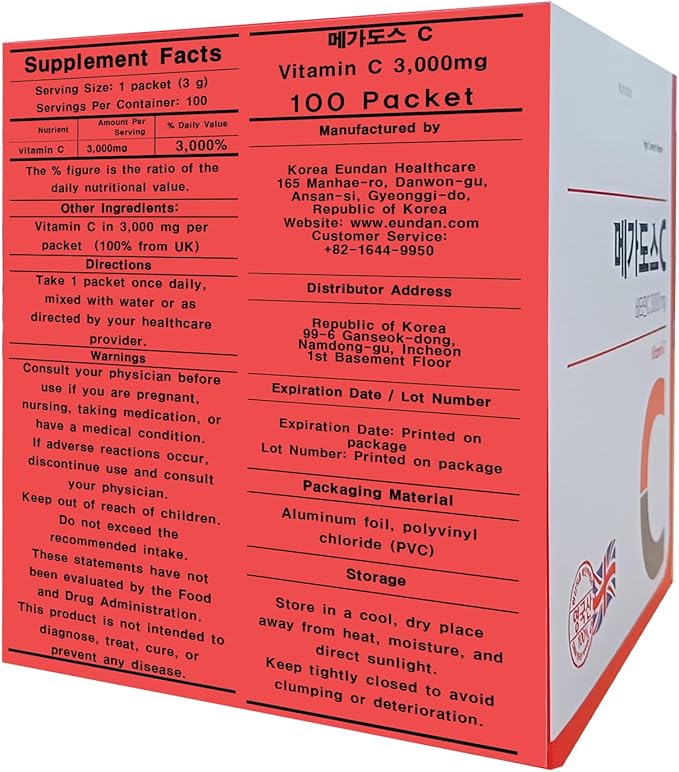 Korean Powder Vitamin Stick Individually Packaged Powder Stick for K.O.R.E.A.E.U.N.D.A.N Vitamin C 3000mg (100 Packets 300g)