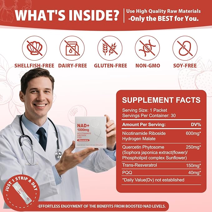 1000mg High-Potency NAD+ Liquid Supplement Nicotinamide Riboside &amp Resveratrol with PQQ Boosts Cellular Energy Focus &amp Healthy Aging - 1 Pc